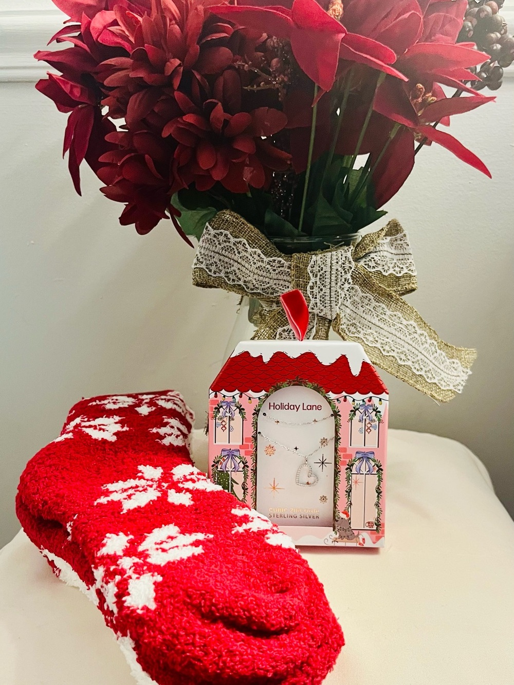 HOLIDAY LANE Sterling Silver Open-Heart Necklace & CHARTER CLUB Red/White Socks.